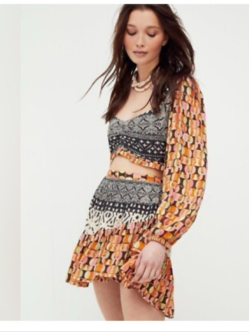 Free People Naomi Skirt Set S Smocked Balloon Sleeve Ruffled Festival Boho